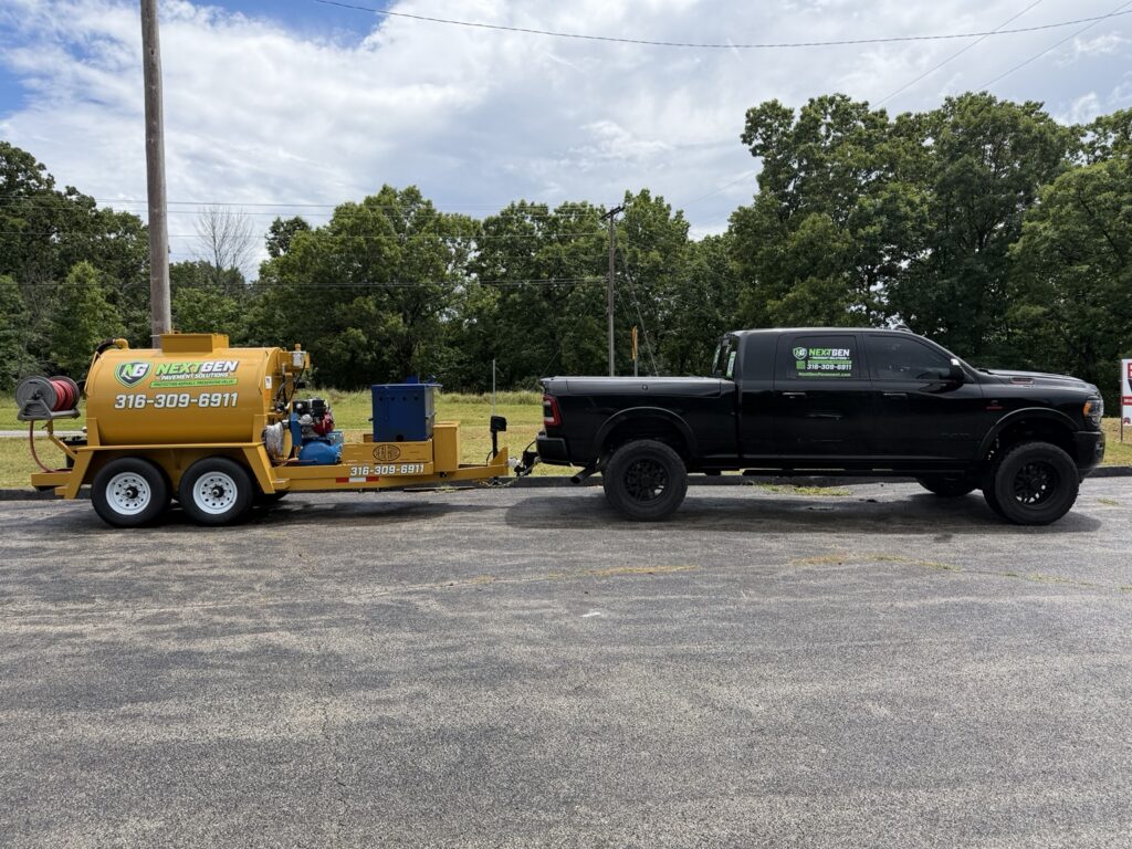 Home NextGen Pavement Solutions truck and sealcoating rig ready for scheduled service