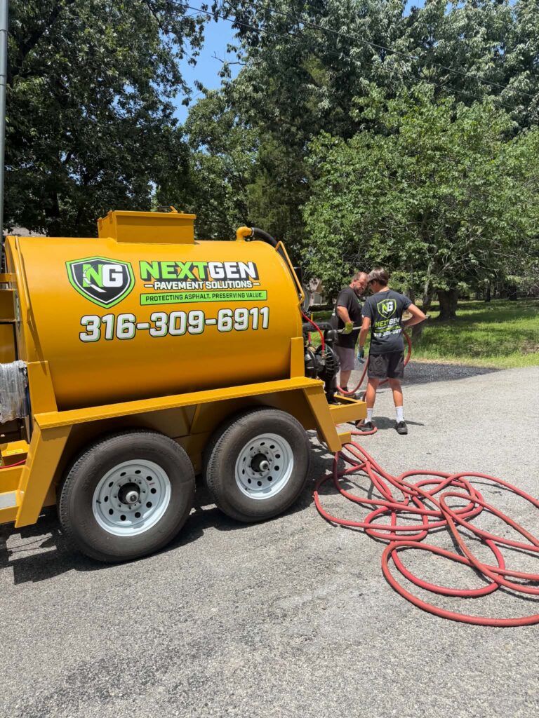 Services NextGen sealcoating equipment and crew prepared for scheduled pavement maintenance