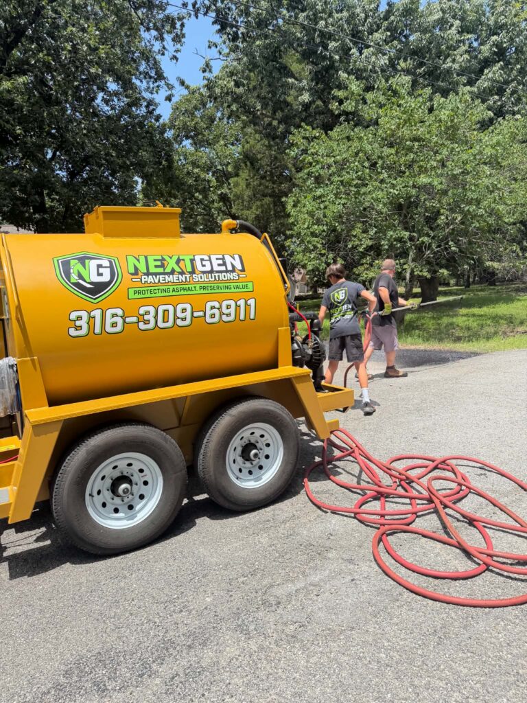 NextGen sealcoating rig and crew on a residential pavement project