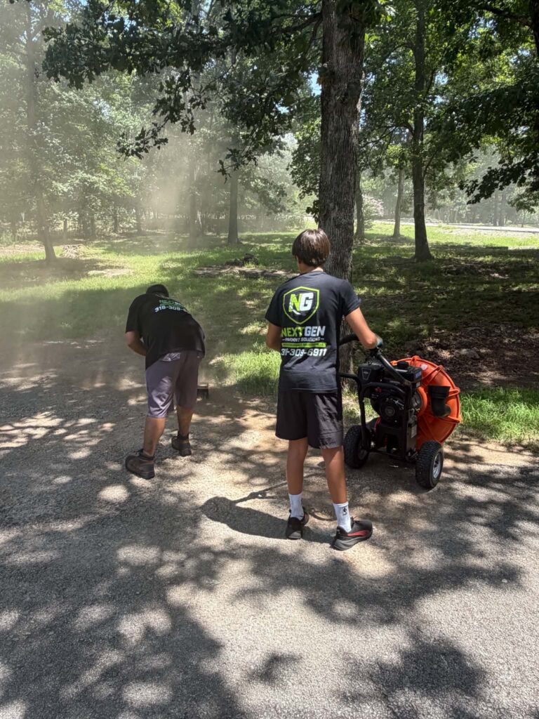 Two NextGen crew members operating blowers during driveway preparation