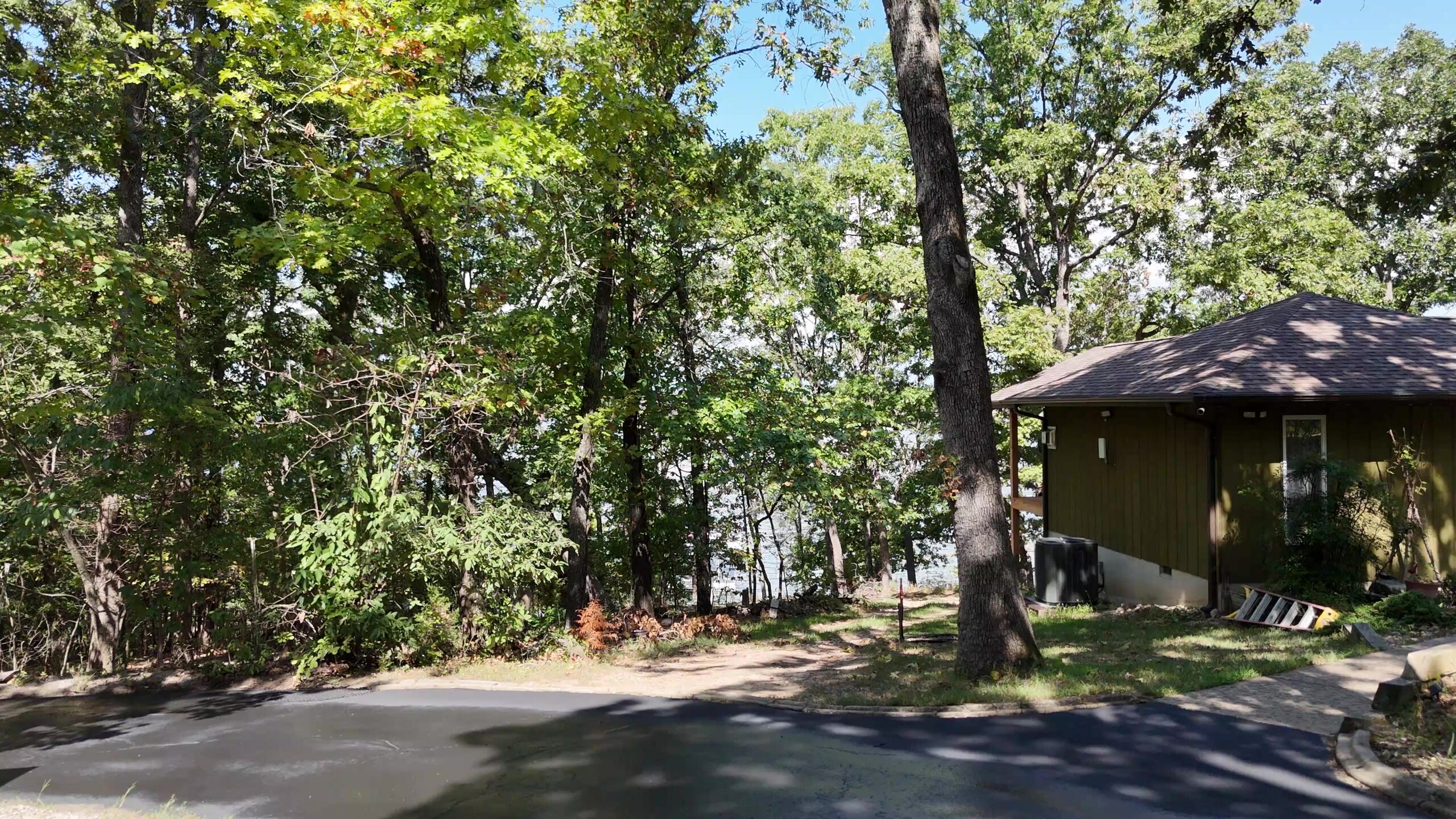 Glimpse of lake water through trees beside a Lampe house and coated driveway